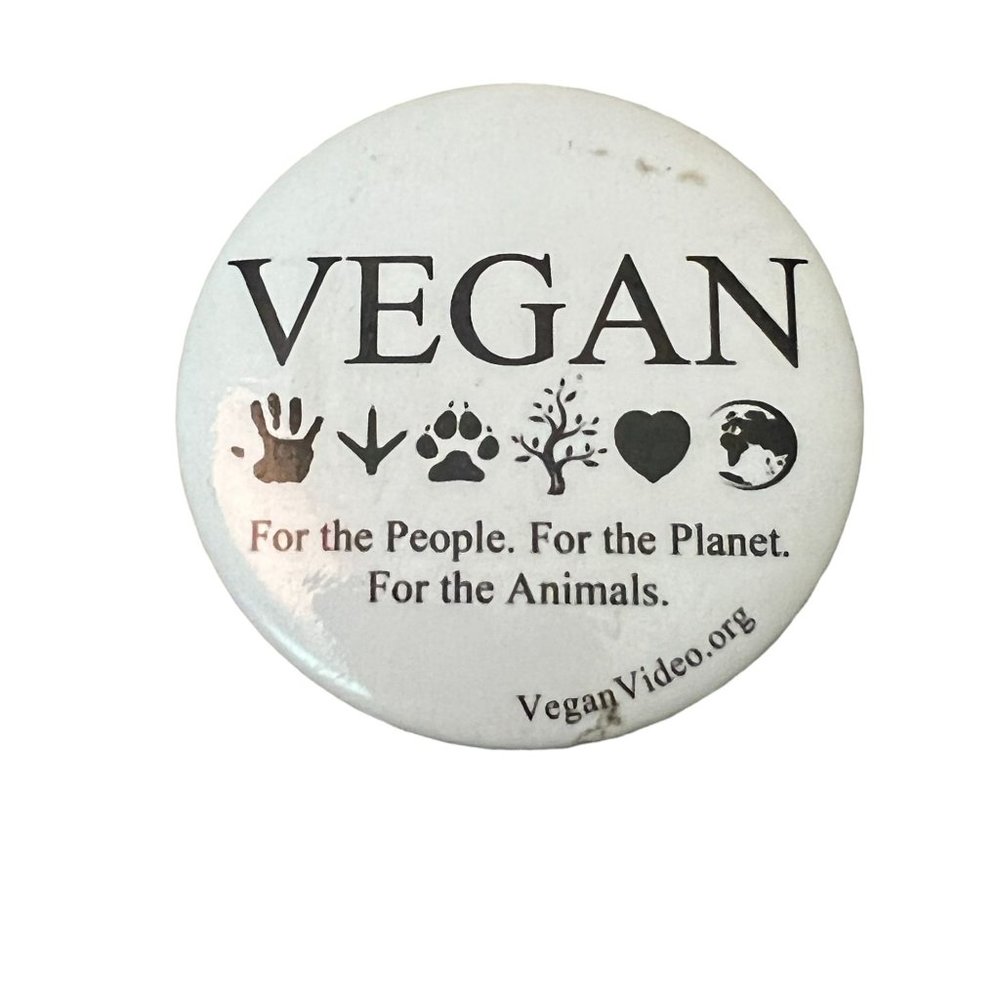 Vegan For the People For the Planet For the Animals Button pin White Black